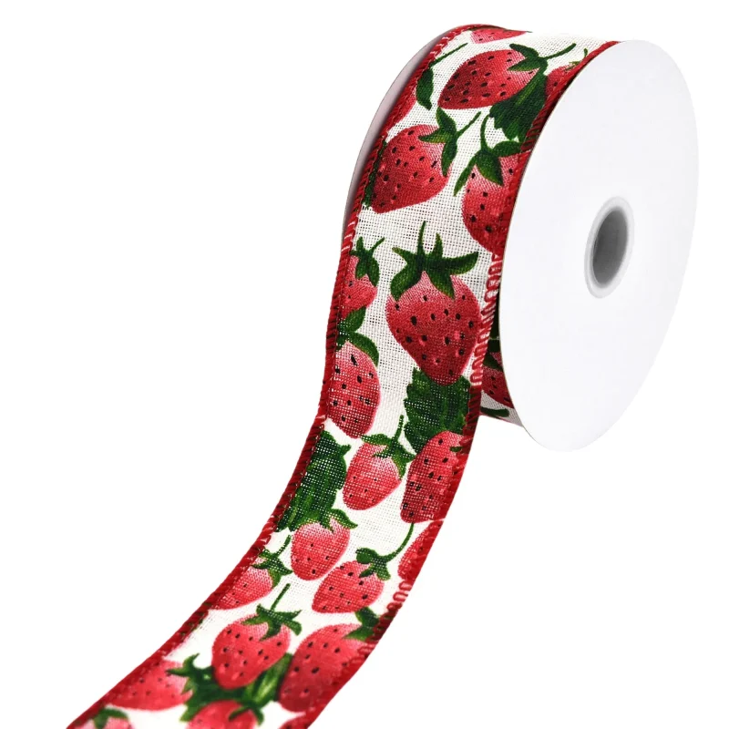 1 5 faux linen wired strawberries ribbon 10yd