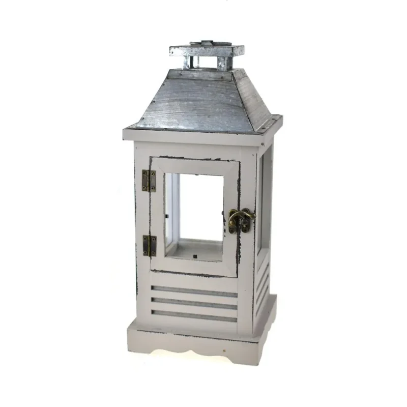 14 inch grey wooden lantern with metal top