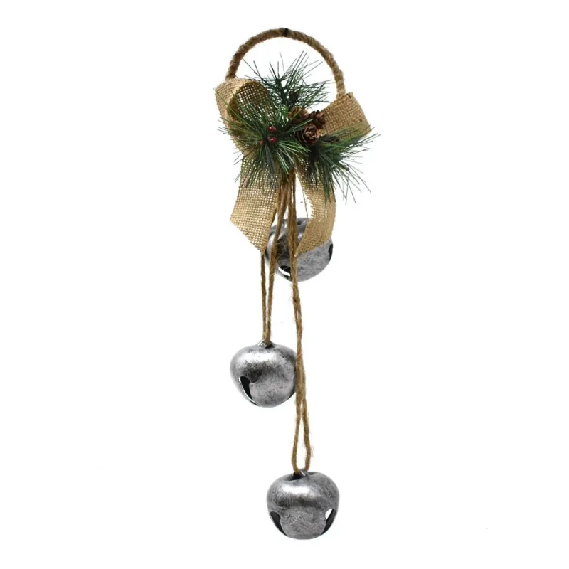 14 inch silver metal christmas door bell with burlap bow