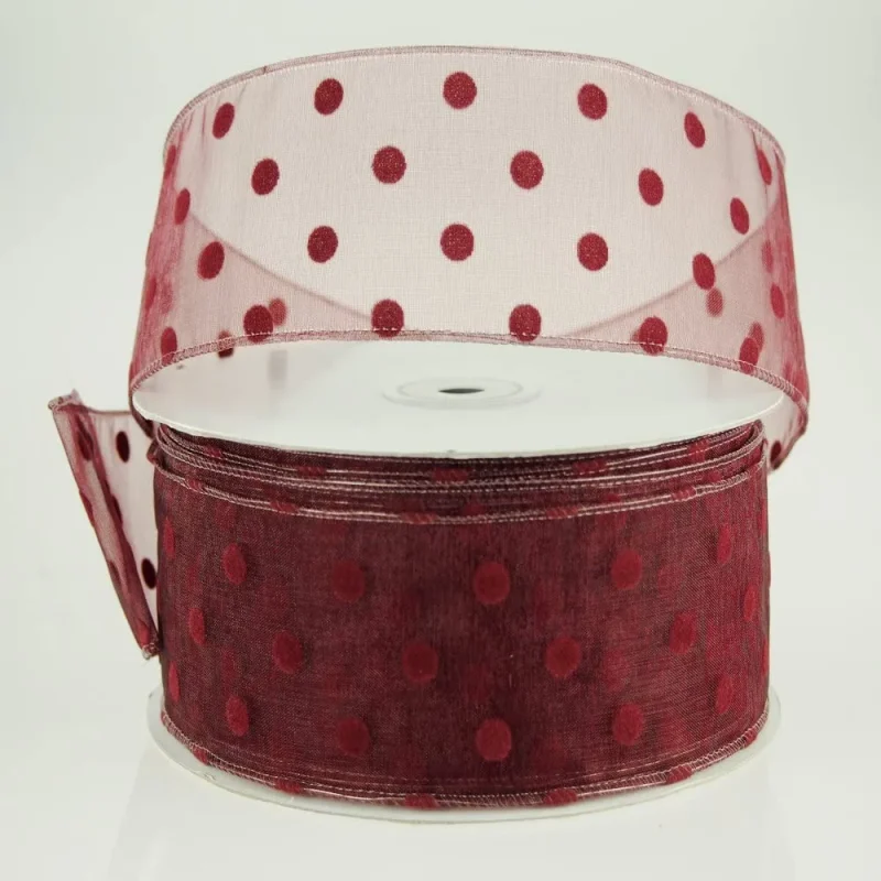 2 wired organza ribbon 50 yards burgundy polka dot