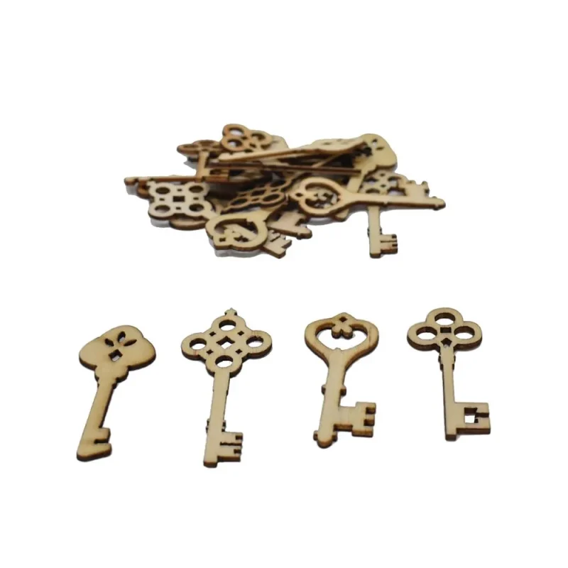 20 piece natural vintage wood keys laser cut assorted set