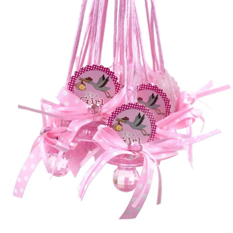 24 pack pink baby pacifier stork favor necklace