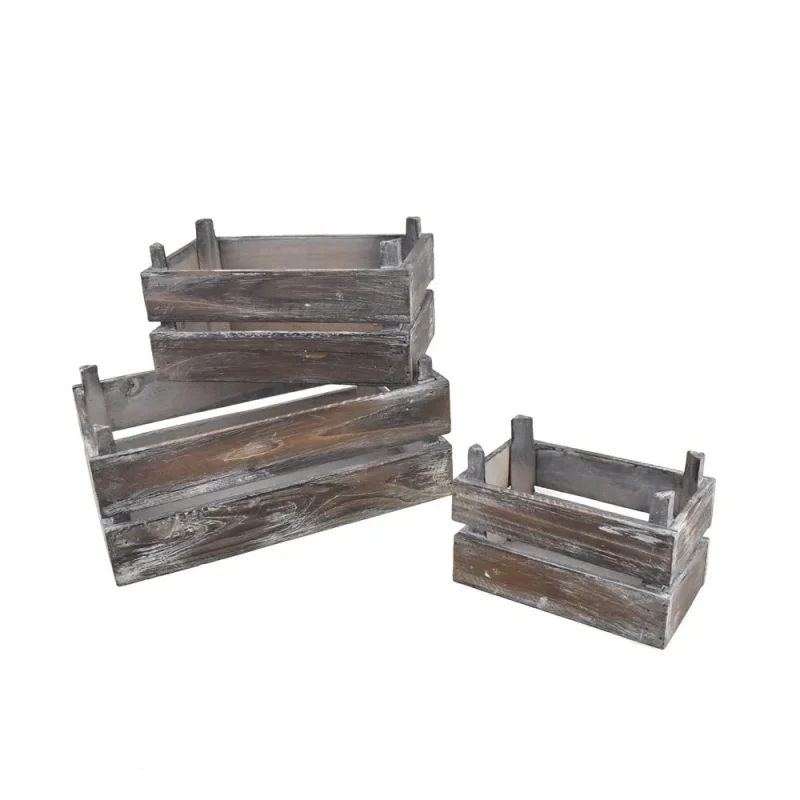 3 piece wooden crate set with handles brown assorted sizes