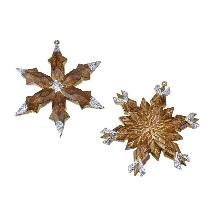 5 inch plastic wood snowflake ornaments set of 2