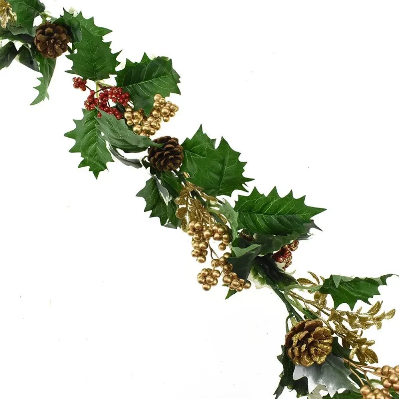 6ft holly garland w gold berries