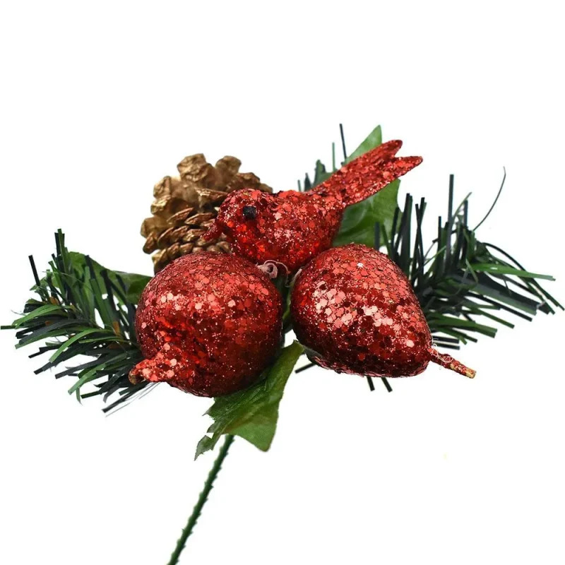 7 inch red glitter bird fruit decor spray