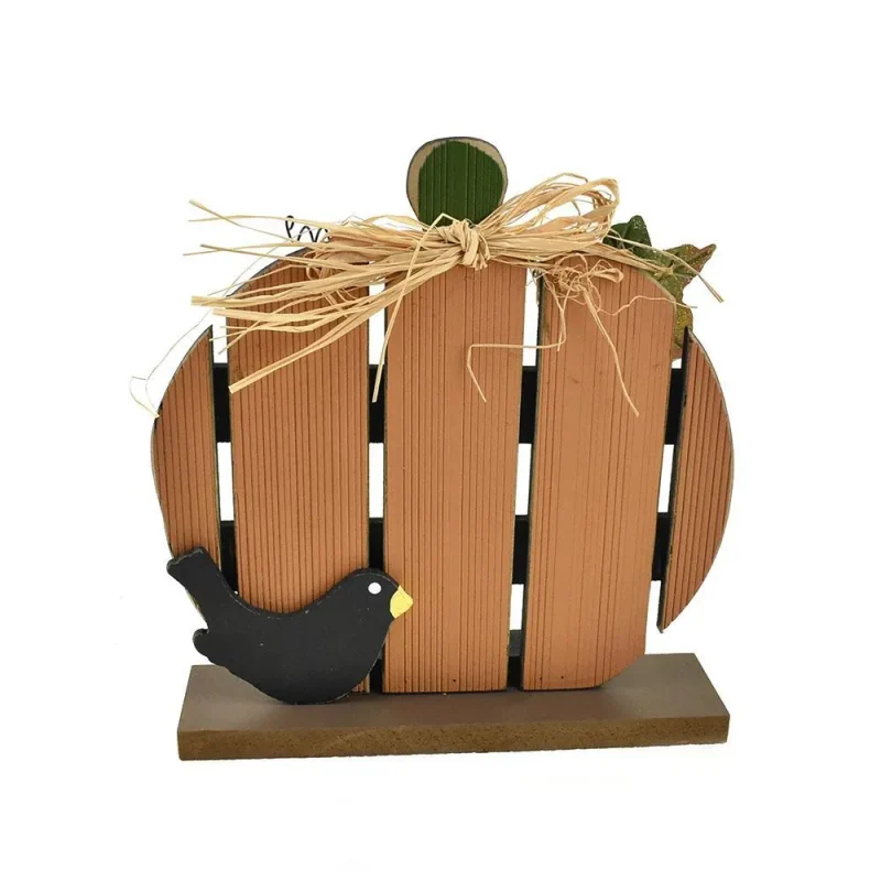 8 inch wood pumpkin crow tablepiece