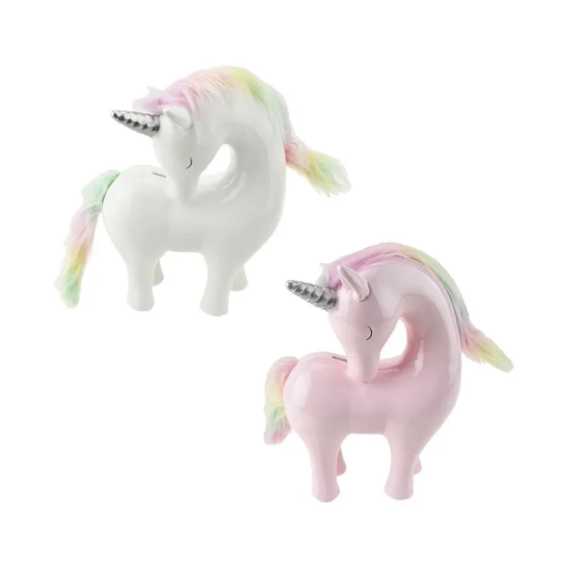 9 inch ceramic unicorn coin bank with rainbow hair