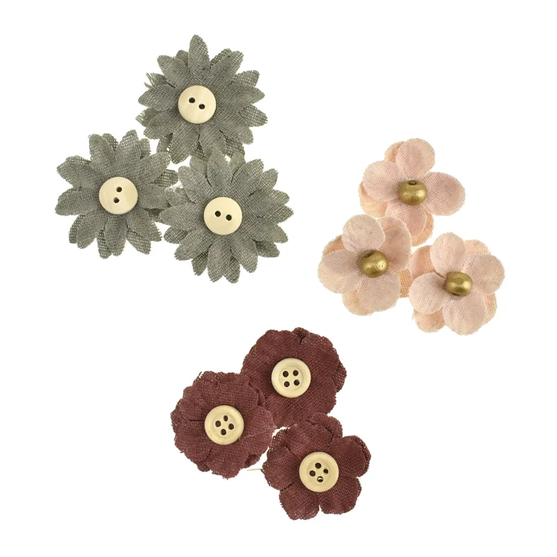 9 piece burlap flower craft kit with button bead centers assorted sizes