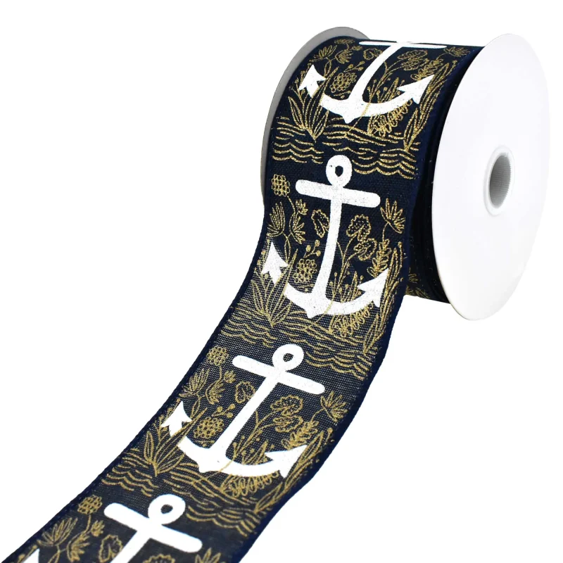 anchor and seaweed faux linen wired ribbon 2