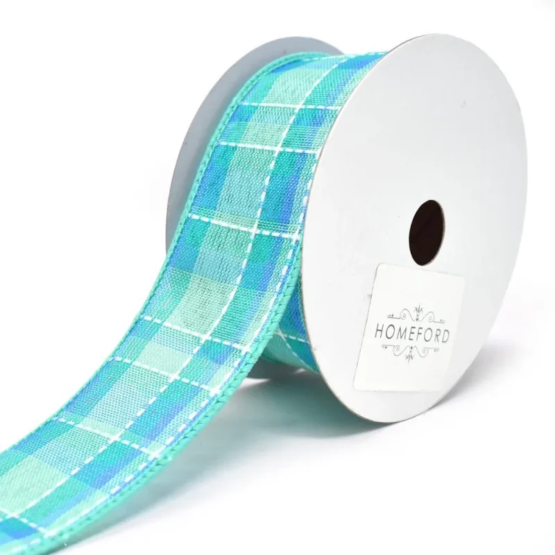 aqua iris dash plaid wired ribbon 1 5 inch x 10 yards