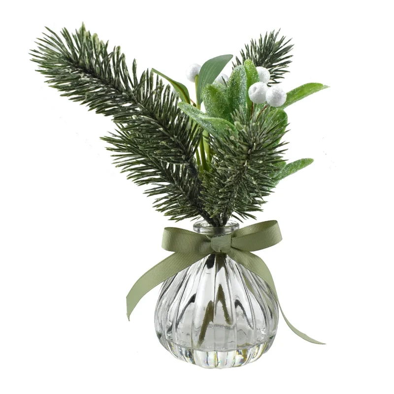 artificial snowy mistletoe pine vase arrangement 9 inch