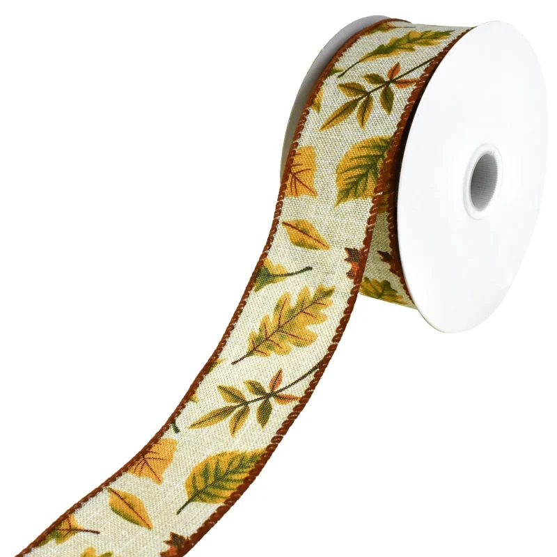 autumn leaf faux linen wired ribbon 10yd