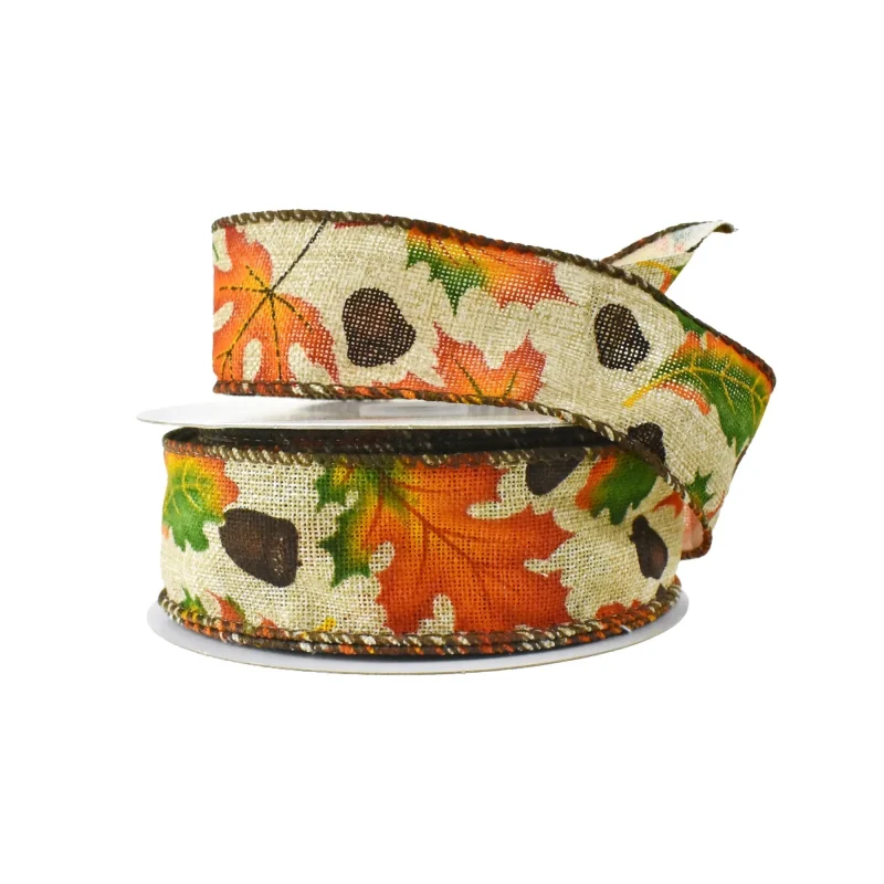 autumn leaves acorns wired ribbon 10 yards