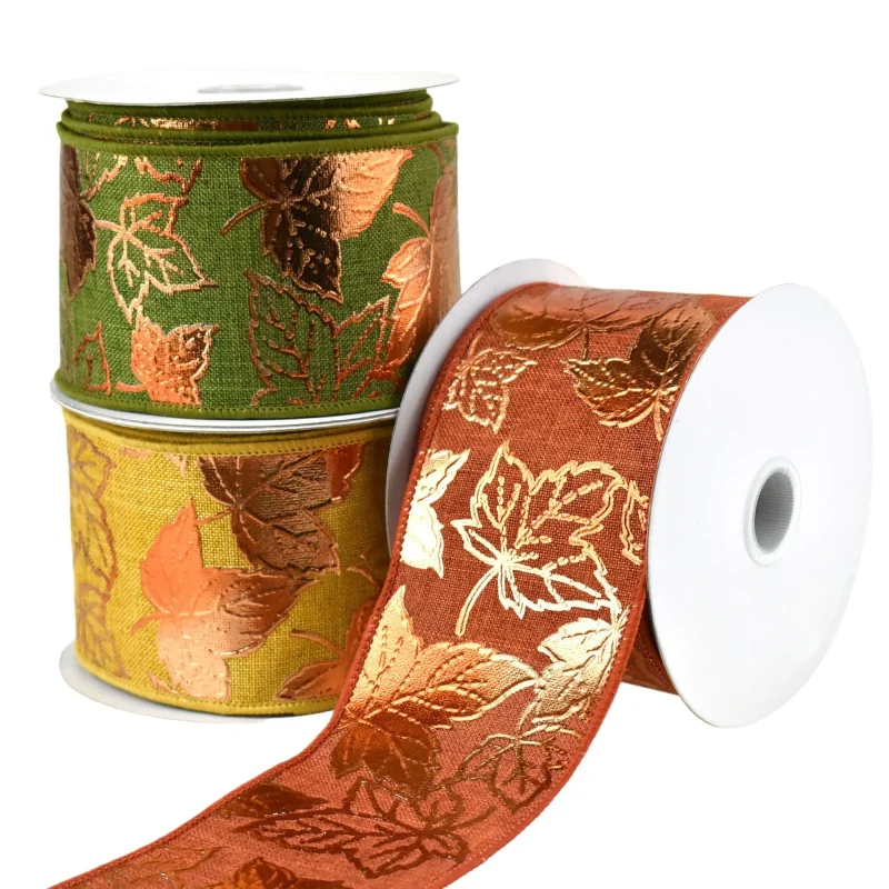 autumn leaves embossed faux linen ribbon 2 5 x 10yd