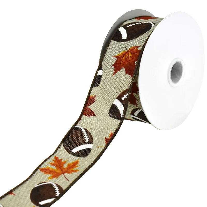 autumn leaves footballs wired ribbons 10 yard roll