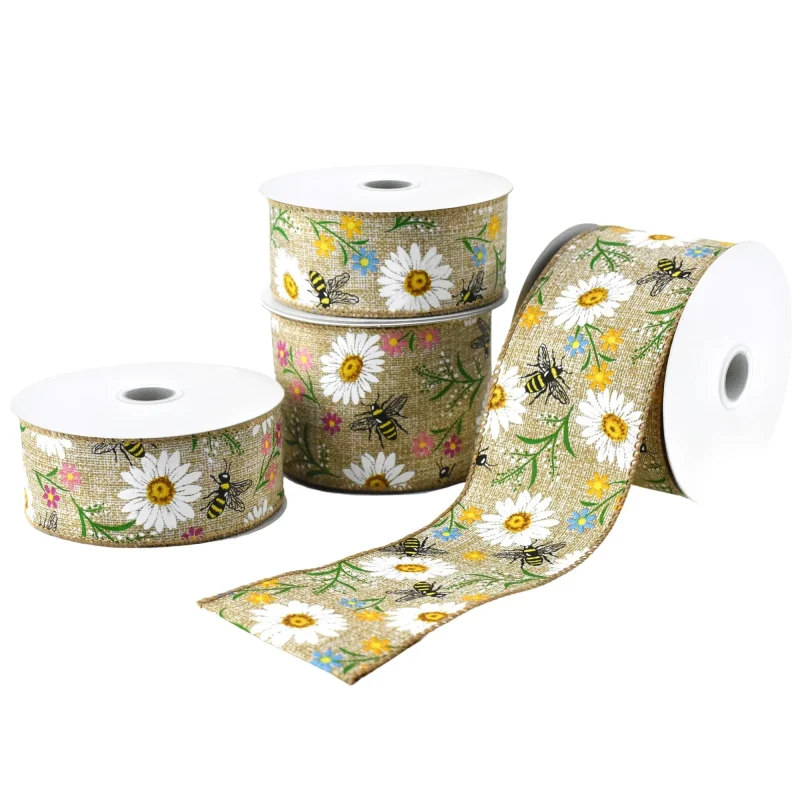 bees spring flowers printed wired ribbon 10 yards