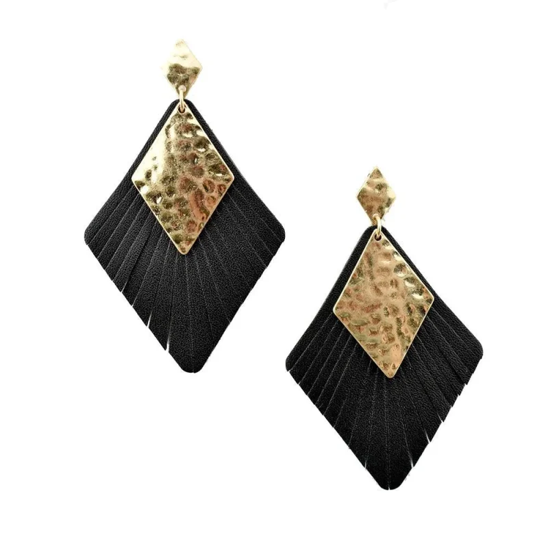 black diamond cut leather metal earrings 3