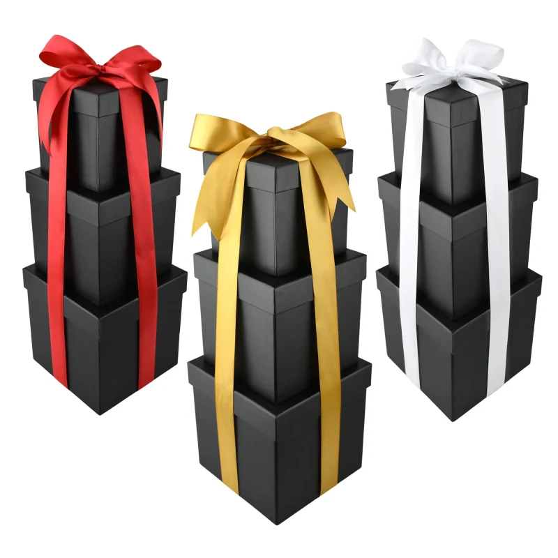 black nested square gift boxes 3 piece set with 1 5 satin ribbon