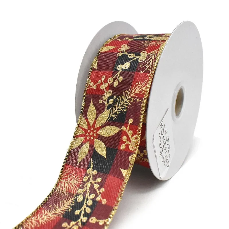 black red chex gold foliage wired ribbon 10yd