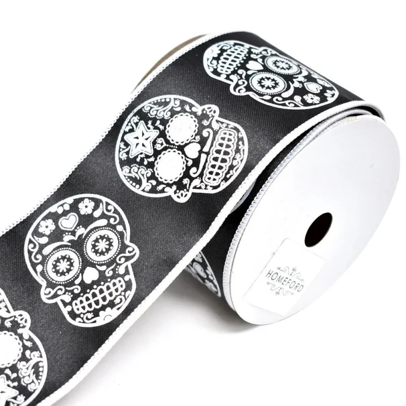 black sugar skull wired ribbon for day of the dead 2 5 inch