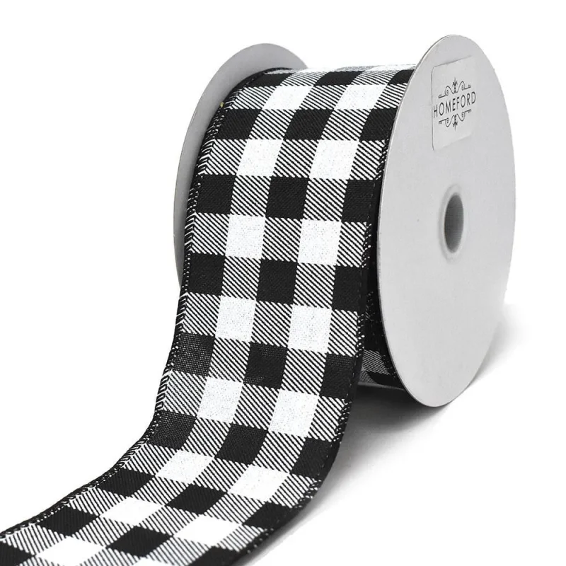 black white gingham linen wired ribbon 2 5 x 10 yards