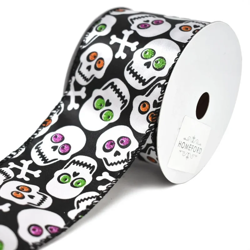 black white glitter skull satin ribbon 2 5