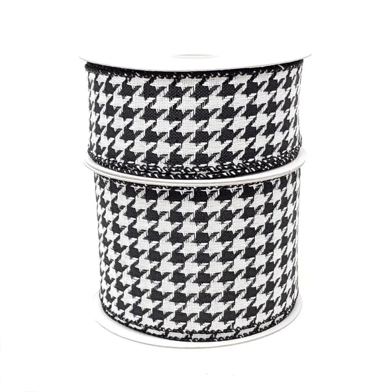 black white houndstooth wired christmas ribbon 10yd