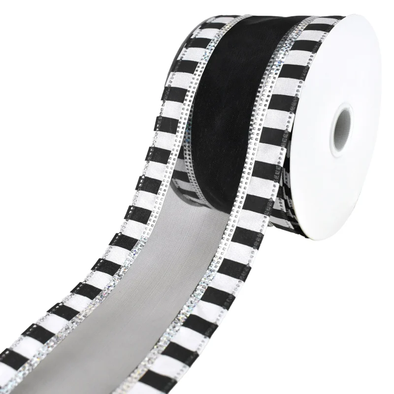 black white spooky stripes wired ribbon 2 5 x 10yd