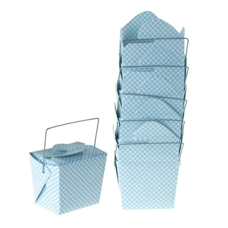 blue checkered takeout boxes w wire handle 6 pack 2 5