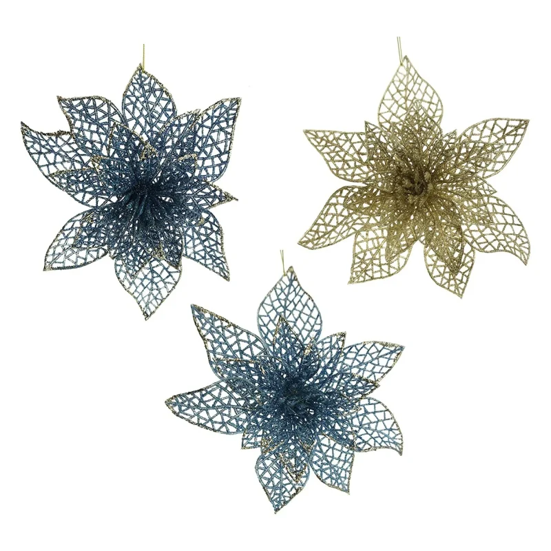 blue glittered poinsettia ornaments 8 inch 3 pack