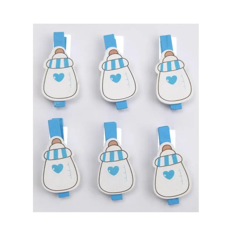 blue milk bottle with heart wooden clothespins 2 inch 6 piece baby favor