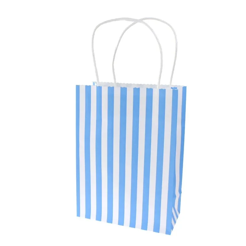 blue striped kraft paper bags with handles 9 inch 10 pack