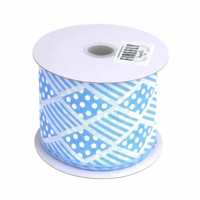 blue wired polyester ribbon harlequin stripes polka dots 2 5 x 10 yards