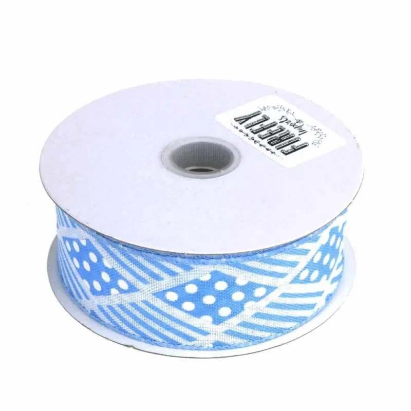 blue wired polyester ribbon with harlequin stripes polka dots 1 5 inch x 10 yards