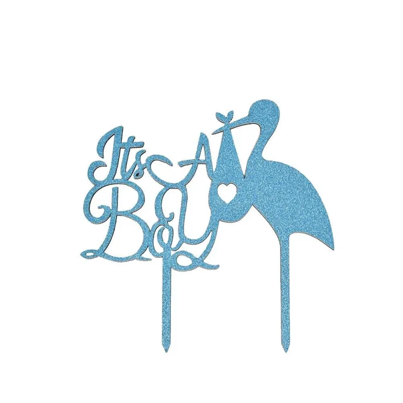 boy stork cake topper glittery blue 6 inch