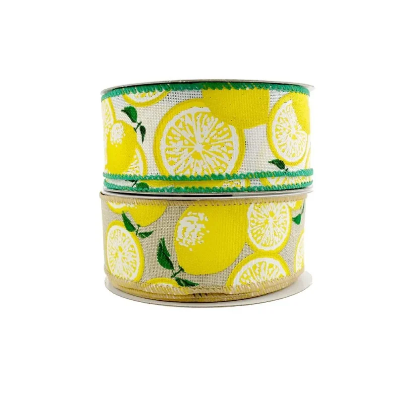 bright printed lemon linen ribbon 1 5 inch x 10 yards