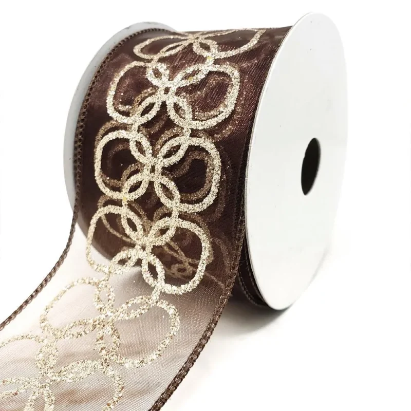 brown glitter chain circles sheer ribbon 2 5 x 10 yards