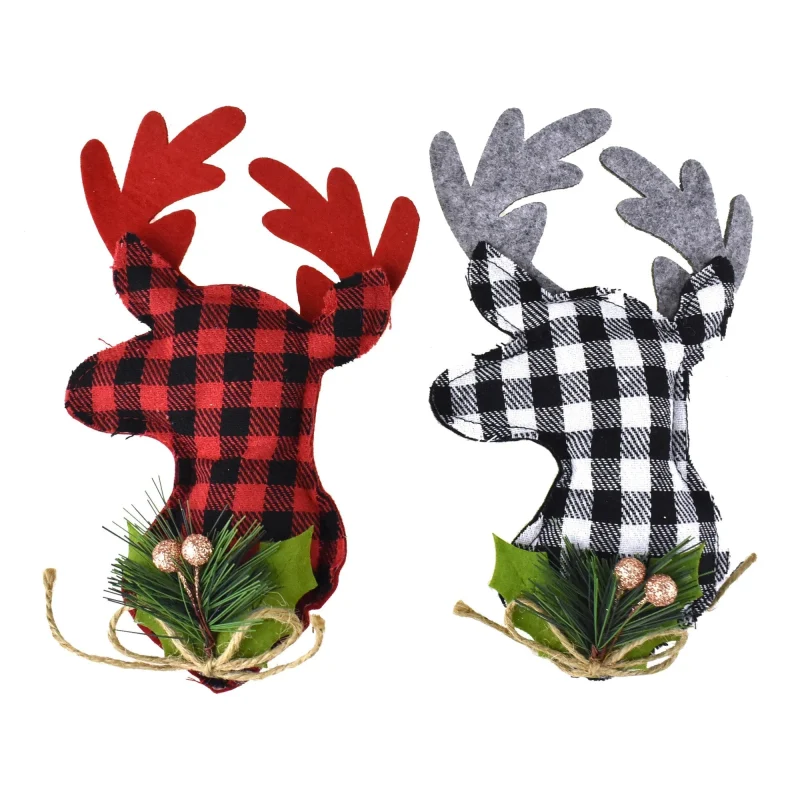 buffalo plaid deer head ornaments 8 5 inch set of 2