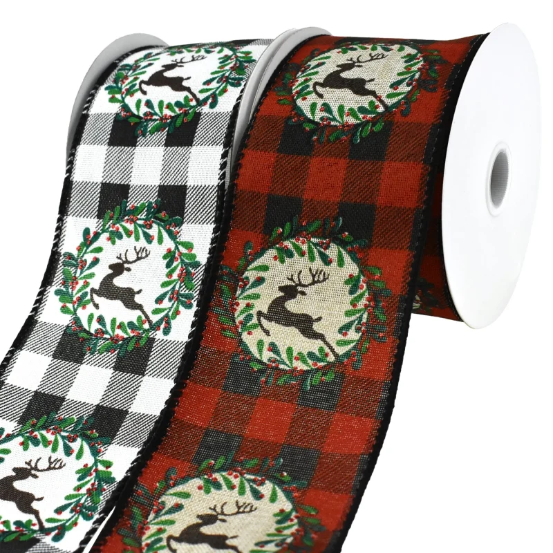 buffalo plaid reindeer christmas wreath ribbon 2 5 x 10yd