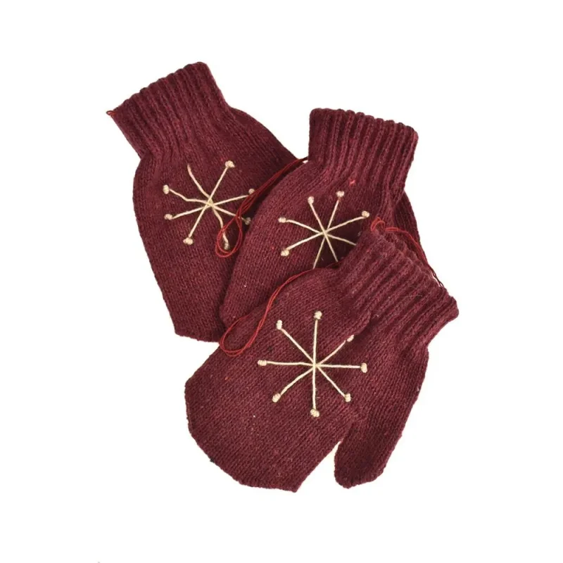 burgundy knitted snowflake mitten ornaments 4 inch 3 piece set