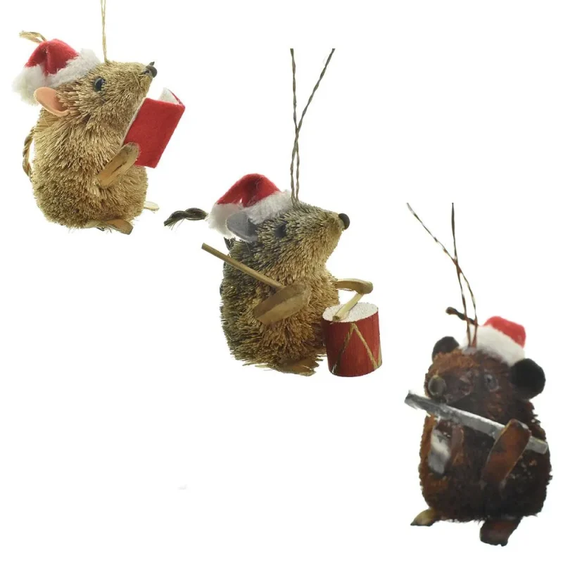 buri bristle caroling mice holiday ornaments set of 3 3 inch