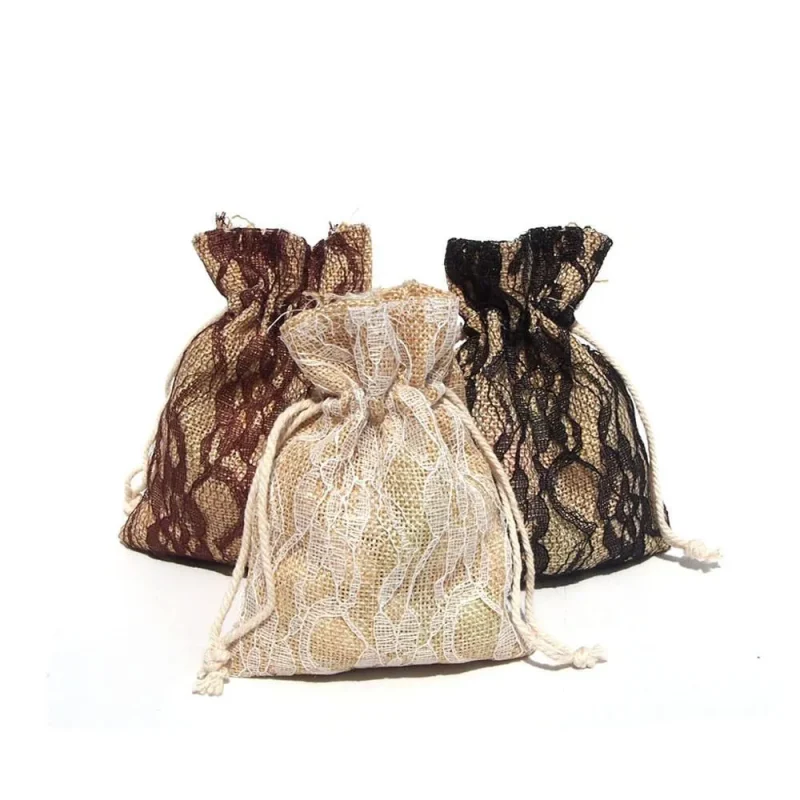 burlap bags with lace overlay 4x5 inches 6 pack