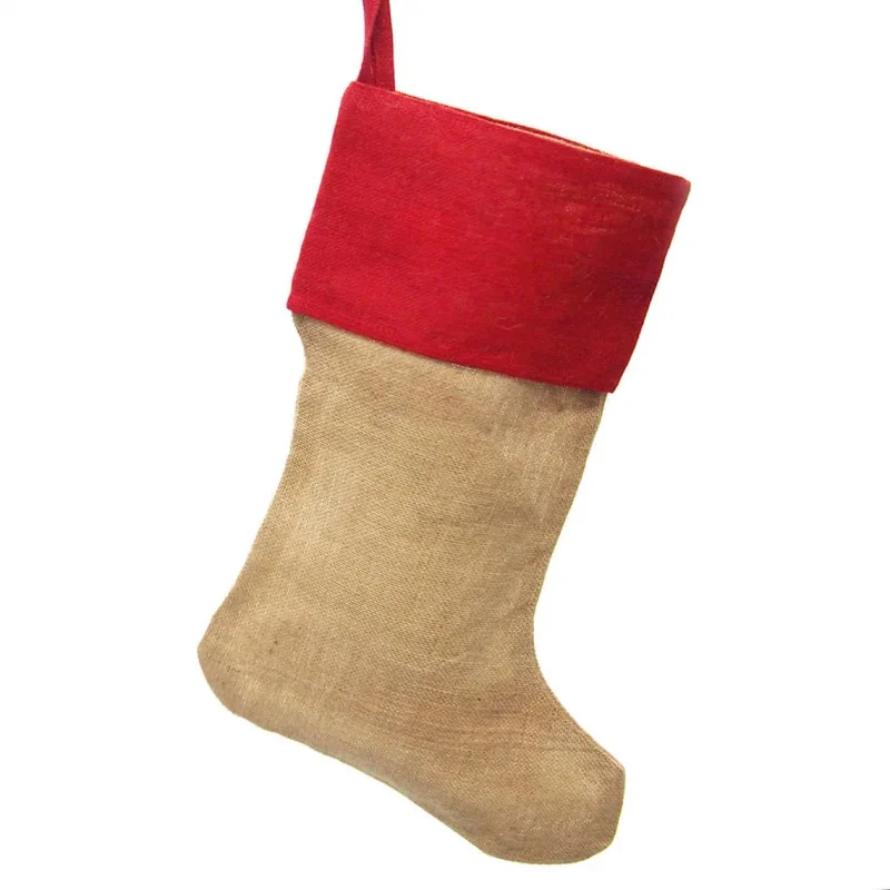 burlap christmas stocking with red cuff 24