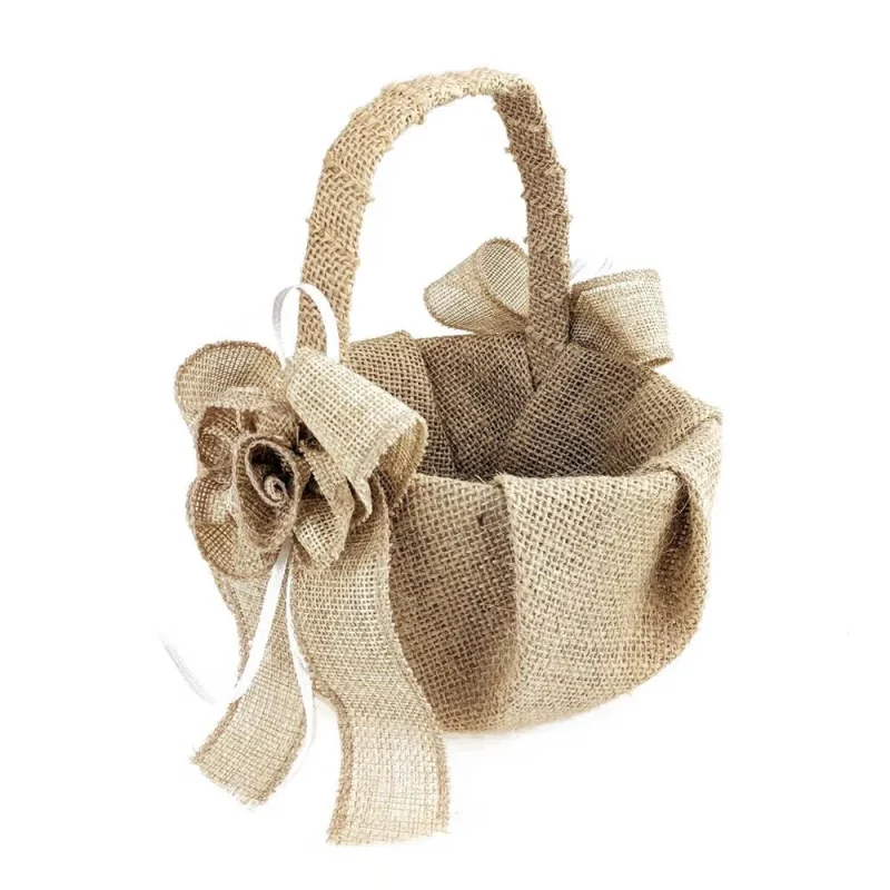 burlap flower girl basket with bows 7 5 inch natural