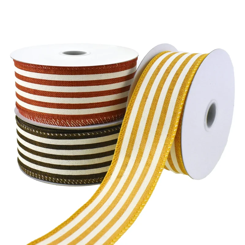 cabana stripe faux linen wired ribbon 10 yards