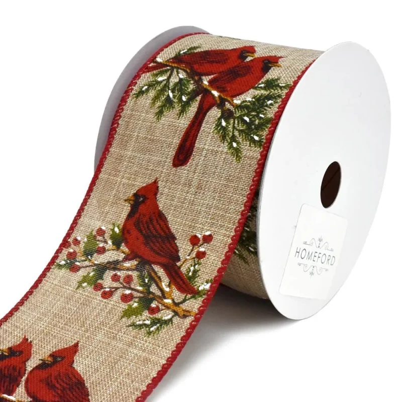 cardinal berries linen wired christmas ribbon 2 5 x 10yd