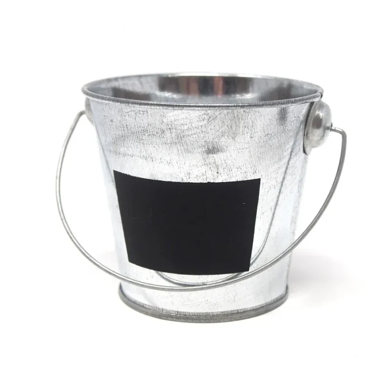 chalkboard labeled galvanized metal buckets