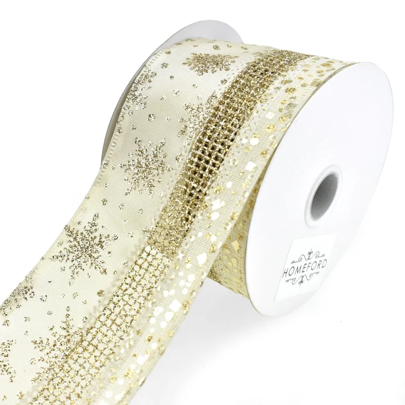 champagne satin snowflake christmas ribbon 2 5 x 10 yards wired edge