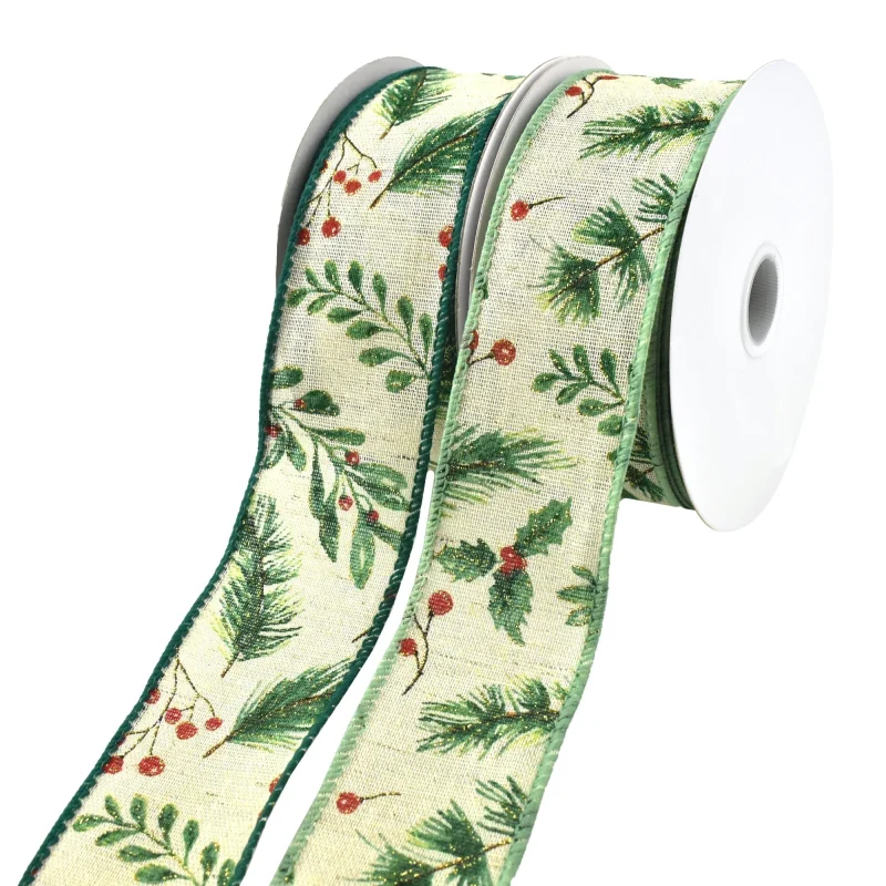 christmas berry holly wired ribbon 1 5 inch x 10 yards